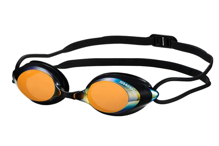 SWANS SRX Prescription Goggles with a double silicone strap and interchangeable nose piece. The goggles have mirror black and smoke orange lenses.