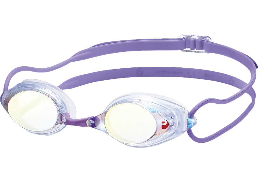 SWANS SRX swimming goggles with a navy blue and orange mirror lenses, orange nose piece and blue strap