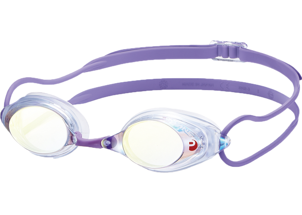 Purple swim goggles with clear lenses and a purple adjustable strap, shown on a plain white background.