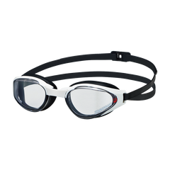 A pair of Ascender open water goggles with a wide, curved mirror lens and a traditional double silicone strap, predominantly in black color with white and red accents.