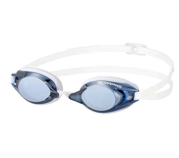 Swim goggles with blue mirror lenses and white frame
