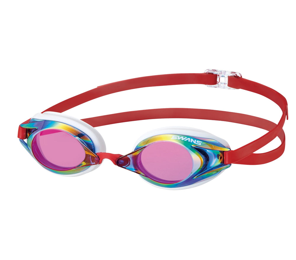 Swim goggles with red strap and mirror navy shadow lenses