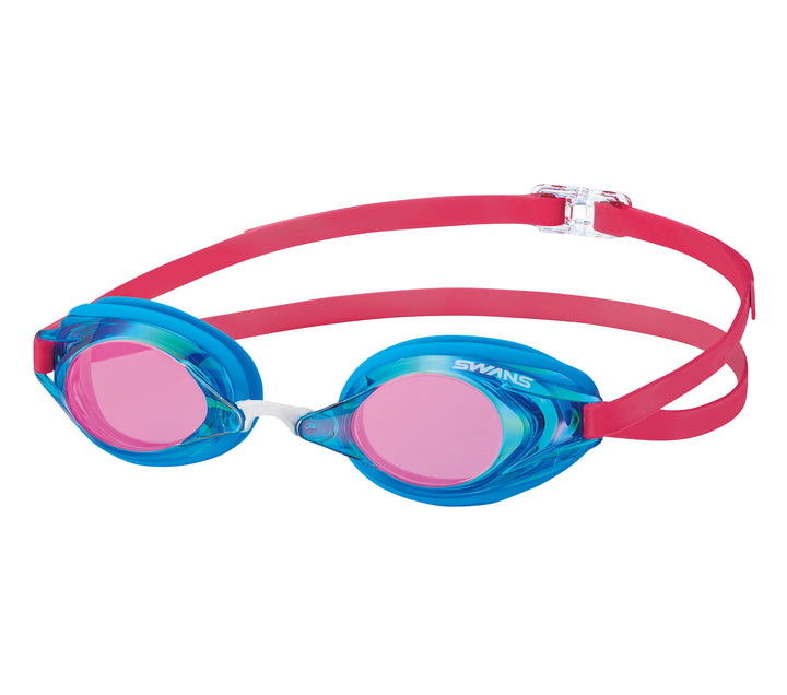 Swim goggles with pink straps and ruby mirror lenses.