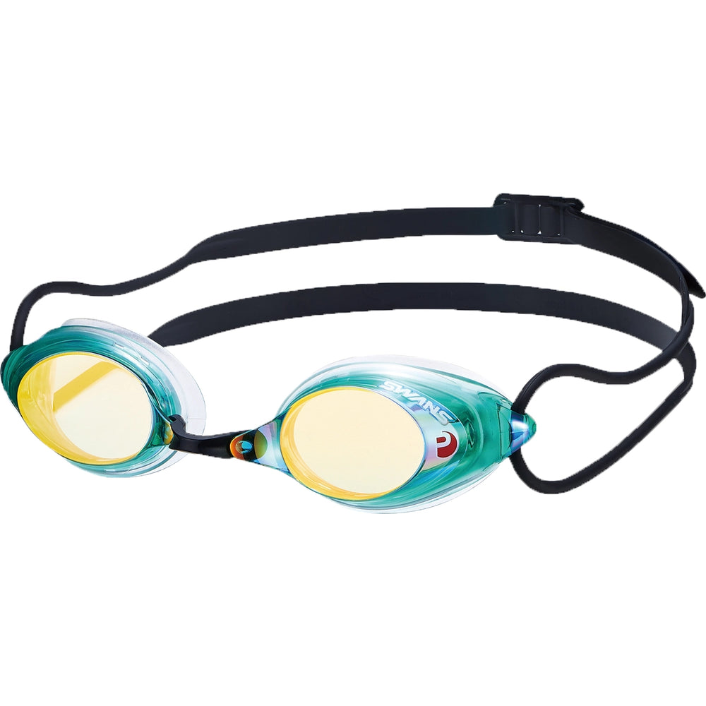 SWANS SRX swimming goggles with a green and orange mirrored lens and a black strap
