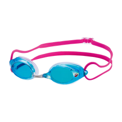 SWANS SRX swimming goggles with a pink silicone strap and blue lenses.