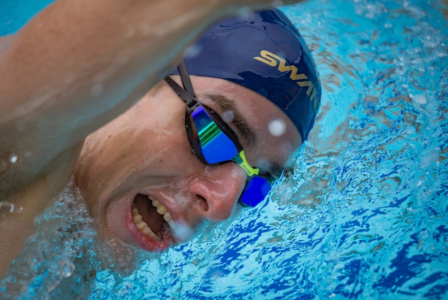 SWANS Valkyrie goggles with blue frames and pink-tinted lenses