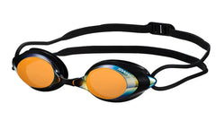 SWANS SRX Prescription Goggles with a double silicone strap and interchangeable nose piece. The goggles have mirror black and smoke orange lenses.